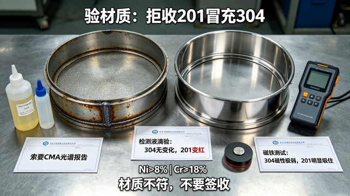 旋振篩材質鑒別圖解，201 冒充 304 不銹鋼，光譜 CMA 報告、檢測液、磁鐵測試實操對比