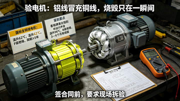 旋振篩振動電機鑒別，全銅線圈和鋁線線圈對比，YZU 振動電機銘牌，負載溫升測試科普