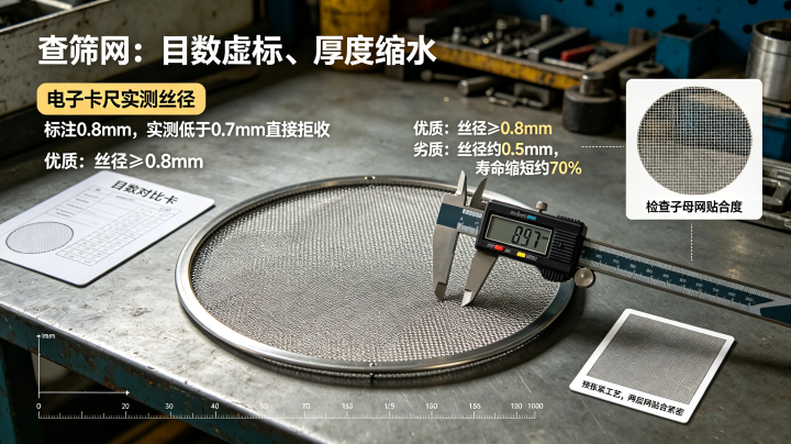 旋振篩篩網質量檢測，電子卡尺測量篩網絲徑，目數虛標、絲徑縮水，子母網貼合度對比