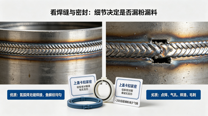旋振篩焊縫密封對比圖，優質魚鱗紋氬弧焊 vs 劣質虛焊氣孔，硅膠密封圈防塵密封實拍