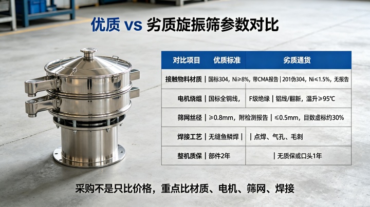 優質與劣質旋振篩參數對比表，材質電機篩網焊接質保多維度采購對比圖解